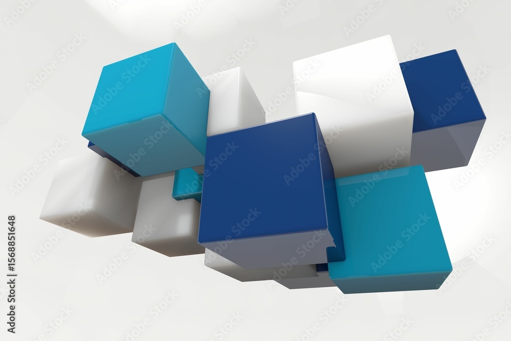Poster floating 3d cubes in white dark and light blue casting shadows and reflections on gradient backdrop