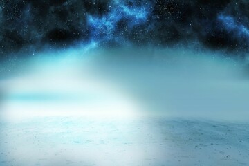 Alien landscape is showing icy plain and glowing blue nebula under starry sky in flat design