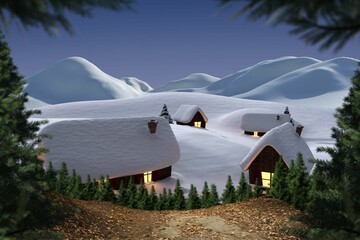 Digitally generated Cute village in the snow