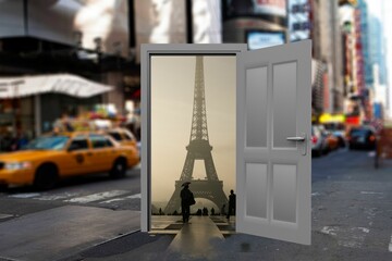 Digital composite of open door with Eiffel Tower on street