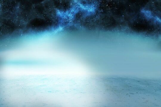 Naklejki Alien landscape is showing icy plain and glowing blue nebula under starry sky in flat design