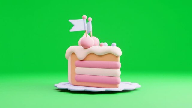 Pastel Cake Slice On Doily With Cream And Flags Isolated By Green Screen Perfect For Birthday Celebration 3D Render