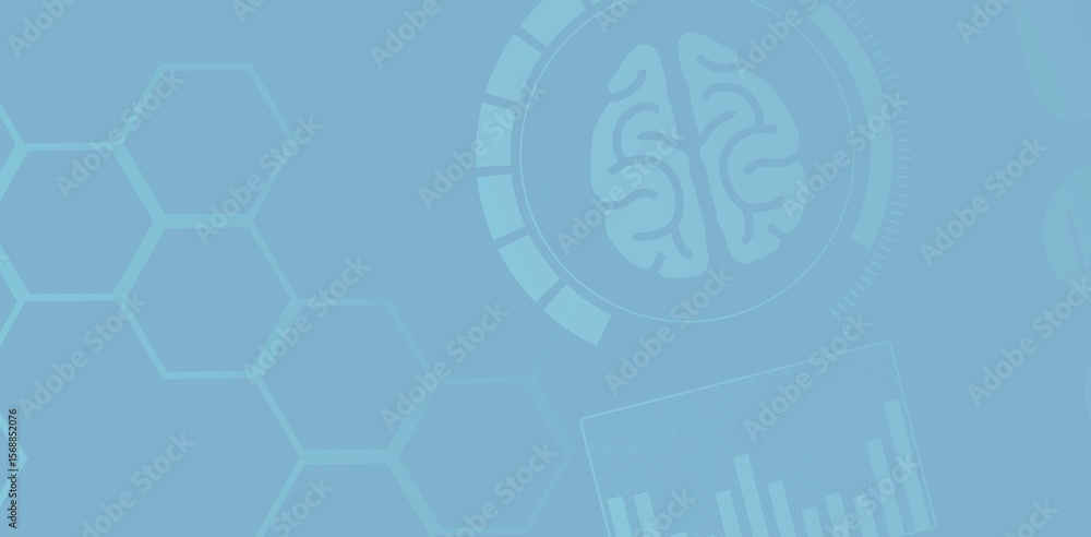Poster flat design interface is displaying circular brain icon over translucent hexagon grid and bar chart