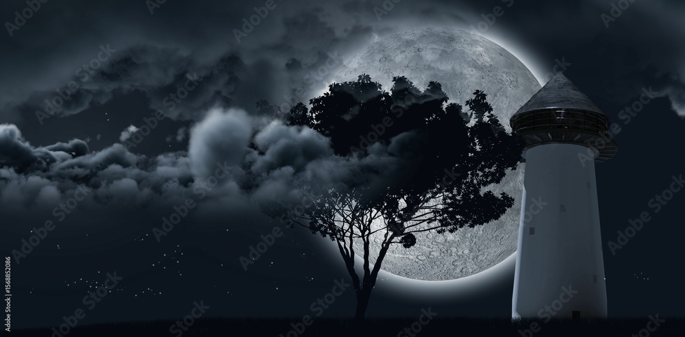 Poster moon shining behind a tree and clouds and structure