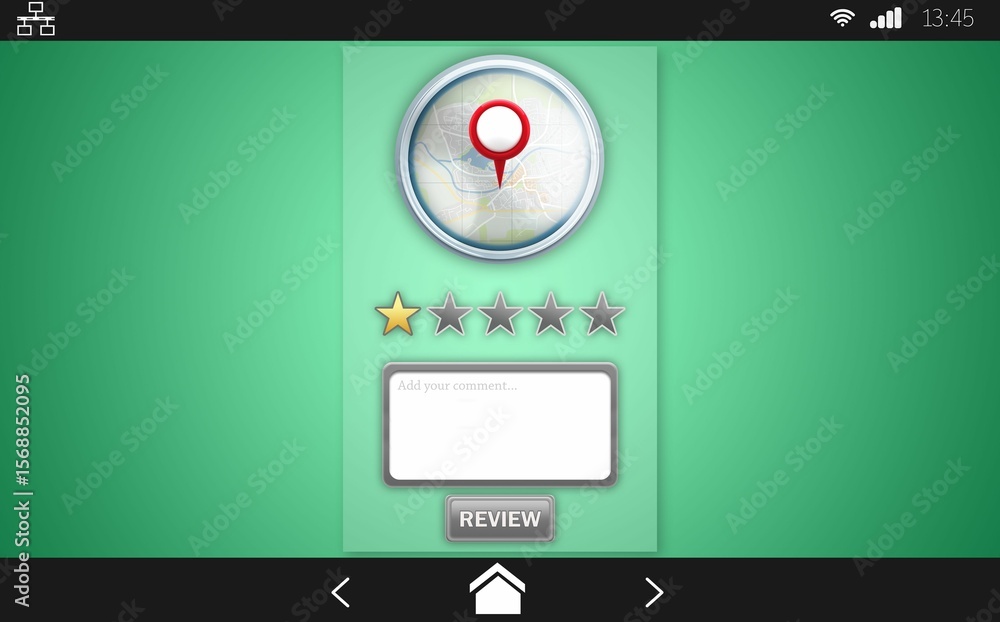 Poster flat design phone review screen is showing map pin, star rating, comment box and review button
