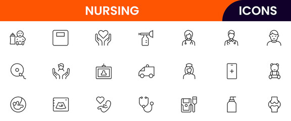 Vector illustration web line icon collection for nursing home care, elderly, medical, and support symbols in a compassionate, modern style.