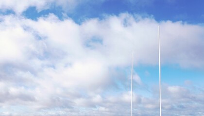 Two white sports goal posts are standing under wide partly cloudy sky in flat vector illustration