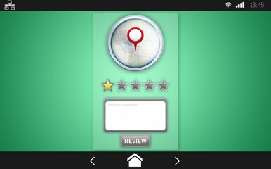 Naklejka premium Flat design phone review screen is showing map pin, star rating, comment box and review button