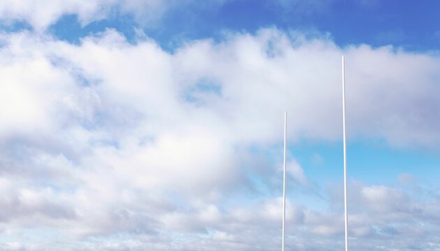 Fototapeta Two white sports goal posts are standing under wide partly cloudy sky in flat vector illustration