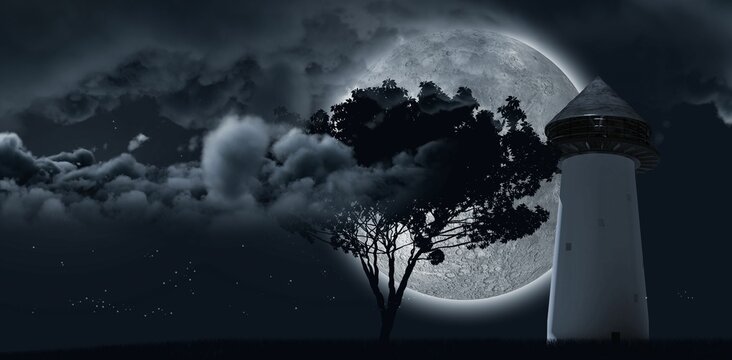 Fototapeta Moon shining behind a tree and clouds and structure