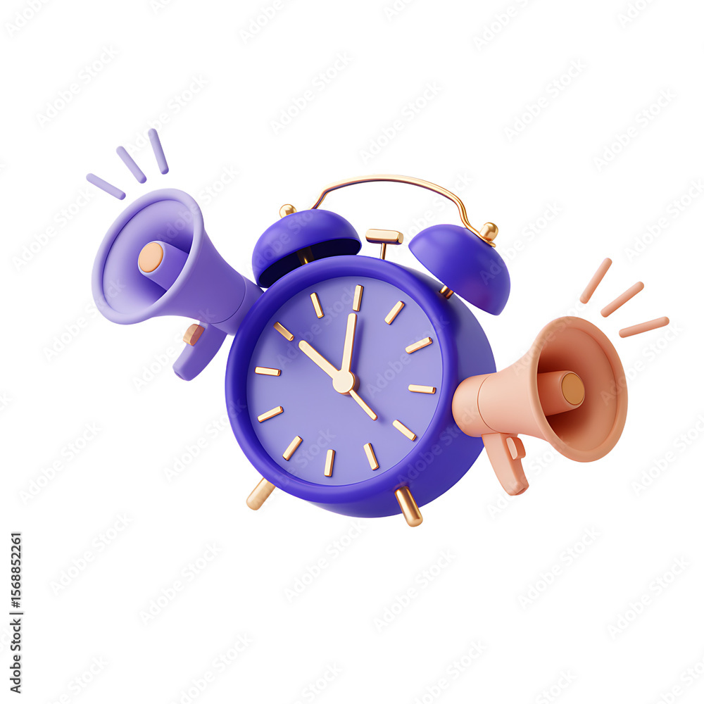 Poster 3d alarm clock with megaphones announcing time isolated on transparent background