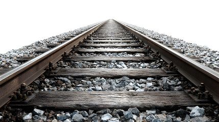Railroad tracks converging into the distance with clear perspective, isolated on white background.