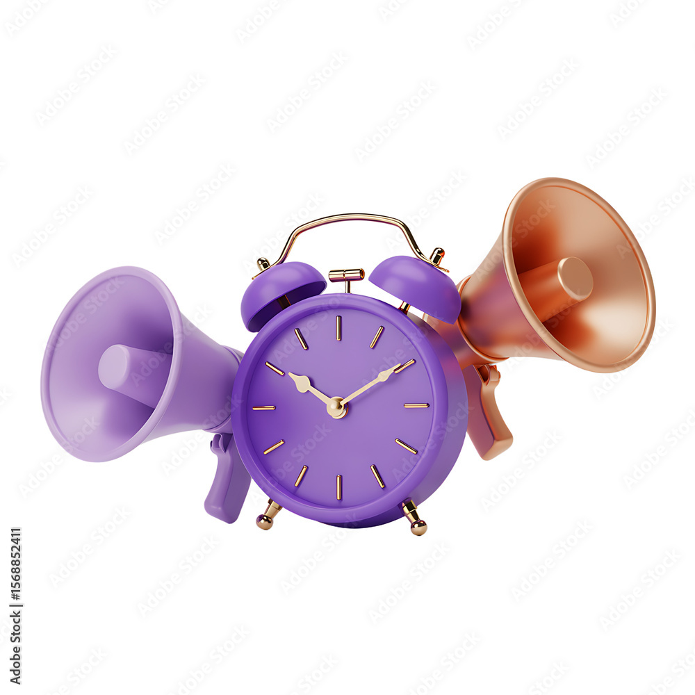 Poster purple alarm clock with two megaphones isolated on transparent background