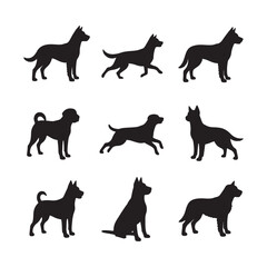 Nine Black Canine Silhouettes Various Poses Standing Running Sitting White Background Dog Breed Collection