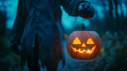 Halloween Night: Person with Carved Pumpkin Lantern
