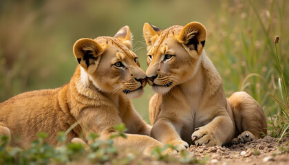 Two Young Lions Touching Noses in Natural Setting