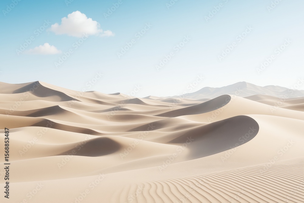 Aufkleber smooth golden desert dunes under clear sky with soft shadows and distant mountains in a minimal peac
