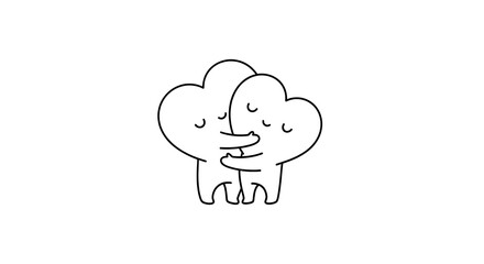 Two cute cartoon heart characters hugging each other warmly isolated on transparent background