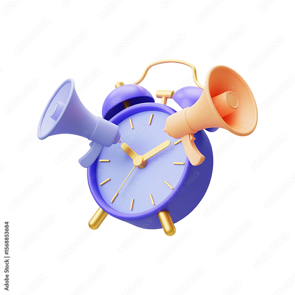 Poster 3d alarm clock with two megaphones announcing important news isolated on transparent background