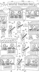 Children celebrating world tourism day with food stalls and music isolated on transparent background