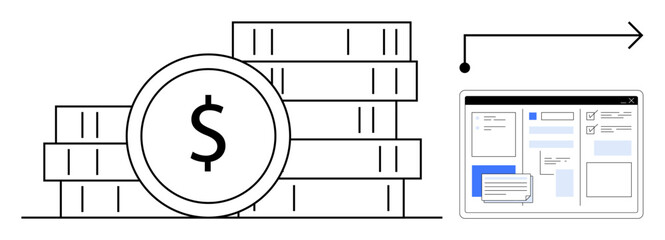 Stack of coins with dollar sign representing wealth and growth, paired with app interface and arrow symbolizing digital financial management. Ideal for finance, investment, banking, fintech, money