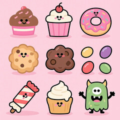 cake Cute Cartoon Emoji Characters with Various Expressions