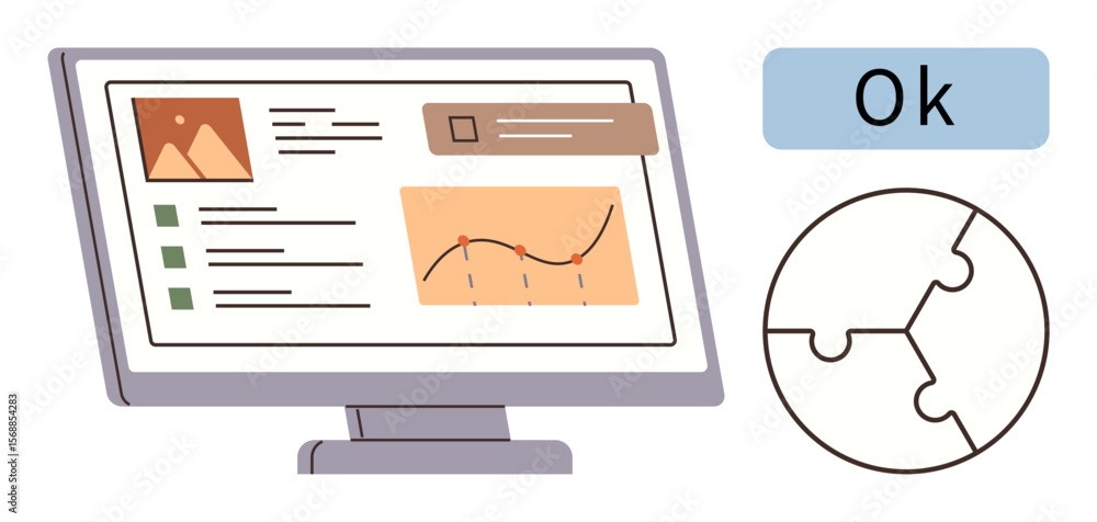 Poster desktop screen displaying analytics, graphs, images, and checklists with a puzzle piece symbolizing 