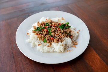 Thai Food Stir-Fried Chicken Spicy and Basil served with Rice