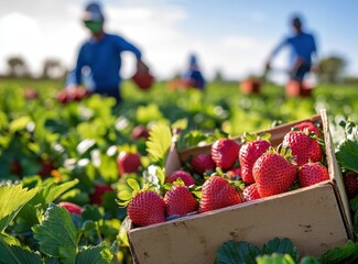 Strawberry harvest pickers in field, crate closeup