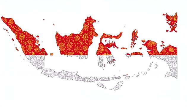 Artistic representation of the Indonesian archipelago highlighting its geographical features with vibrant floral patterns and the national flag's color scheme, creating a visually appealing design.