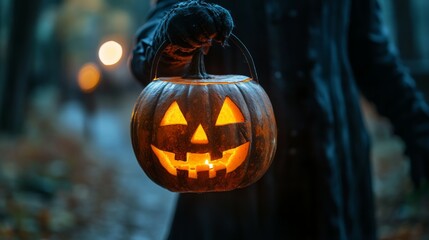 Halloween Night: Person with Carved Pumpkin Lantern