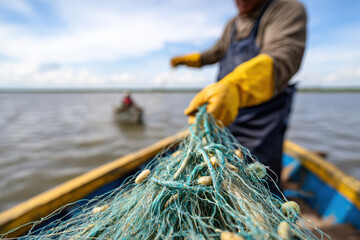 Fisherman casting a net from a small fishing boat