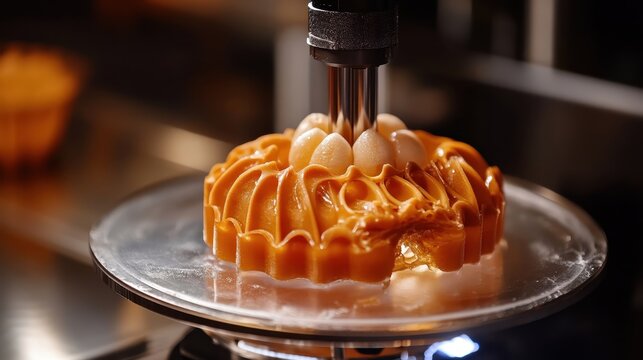 A futuristic 3D food printing machine creating intricate desserts with precision.