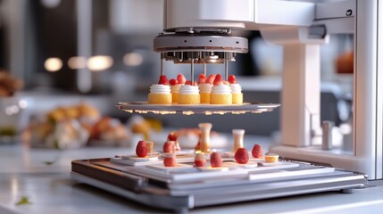 A futuristic 3D food printing machine creating intricate desserts with precision.