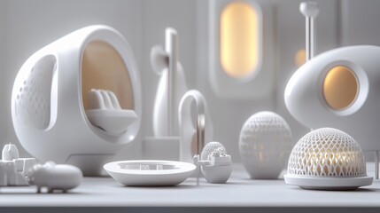 A futuristic concept of home devices producing 3D-printed toys for kids.