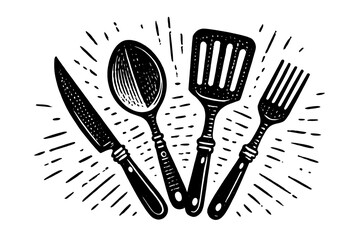 A collection of kitchen utensils including a knife a spoon a spatula and a fork arranged in a radiating circular pattern symbolizing cooking preparation and culinary arts