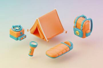3D rendering of camping gear, including an orange tent, an orange and blue camping stove, an orange flashlight, an orange and blue sleeping bag, and an orange and blue backpack.