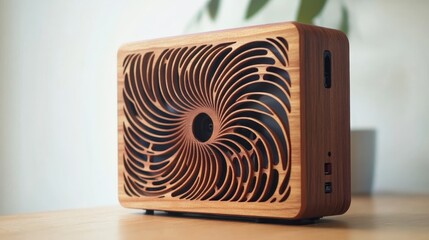 A sleek desktop CNC device crafting intricate patterns in wood.