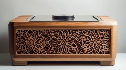 A sleek desktop CNC device crafting intricate patterns in wood.