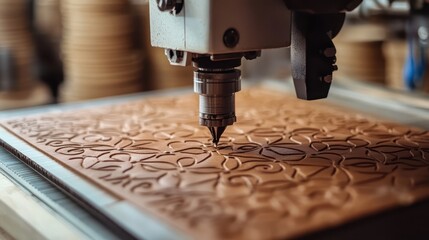 A small, detailed machine crafting intricate patterns on leather for artisanal goods.