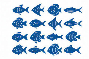 Fototapeta premium Underwater Ballet: A symphony of marine life unfolds as a collection of stylized fish elegantly dance across the canvas, each a unique silhouette of the vast ocean realm. 
