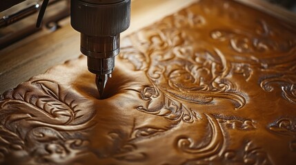 A small, detailed machine crafting intricate patterns on leather for artisanal goods.