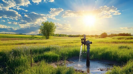 A solar-powered water pump operating in a rural field under bright sunlight.