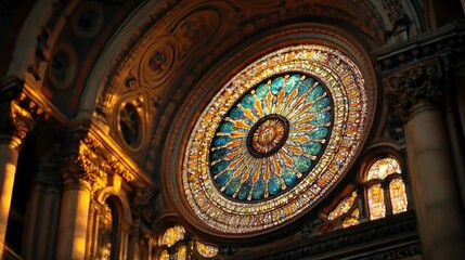 Fototapeta premium Circular Stained Glass Window in Ornate Cathedral Interior