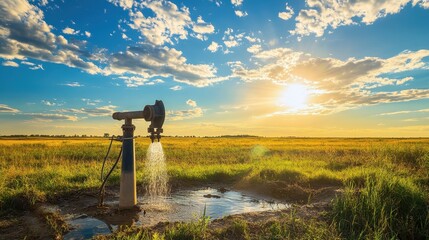 A solar-powered water pump operating in a rural field under bright sunlight.