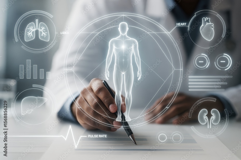 Poster futuristic medical interface with digital human anatomy and organs analyzed by a doctor using light 