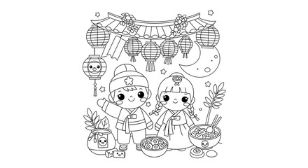 Cute korean children in traditional clothing celebrating a festival with lanterns and moon isolated on transparent background