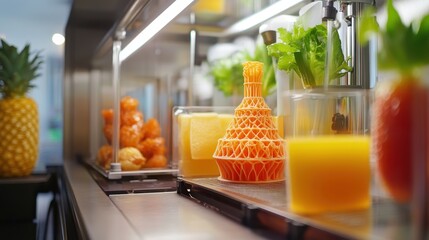 A vibrant food lab showcasing advanced 3D printing machines and innovative edible designs.