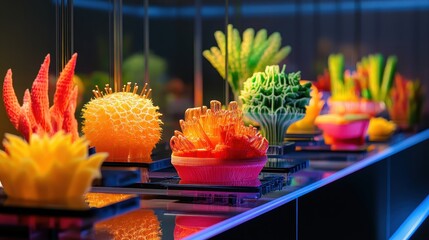A vibrant food lab showcasing advanced 3D printing machines and innovative edible designs.