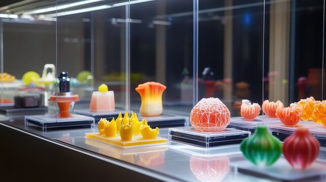 A vibrant food lab showcasing advanced 3D printing machines and innovative edible designs.